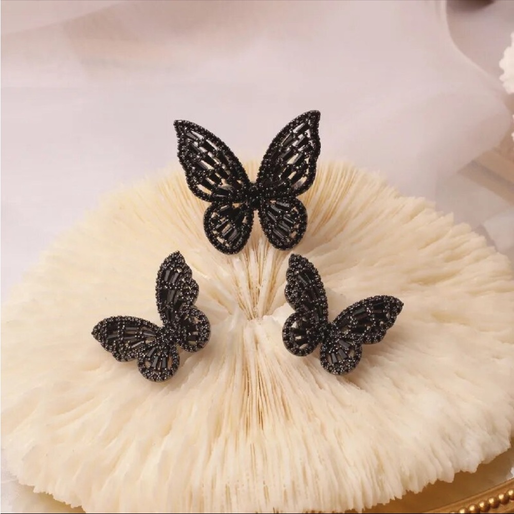Butterfly earring ring 2PC set black cubic zirconia stone studs jewelry